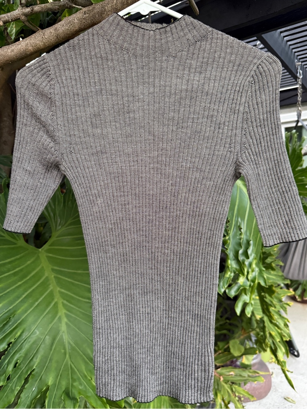 Theory Black and Heather Gray Ribbed Knit Top